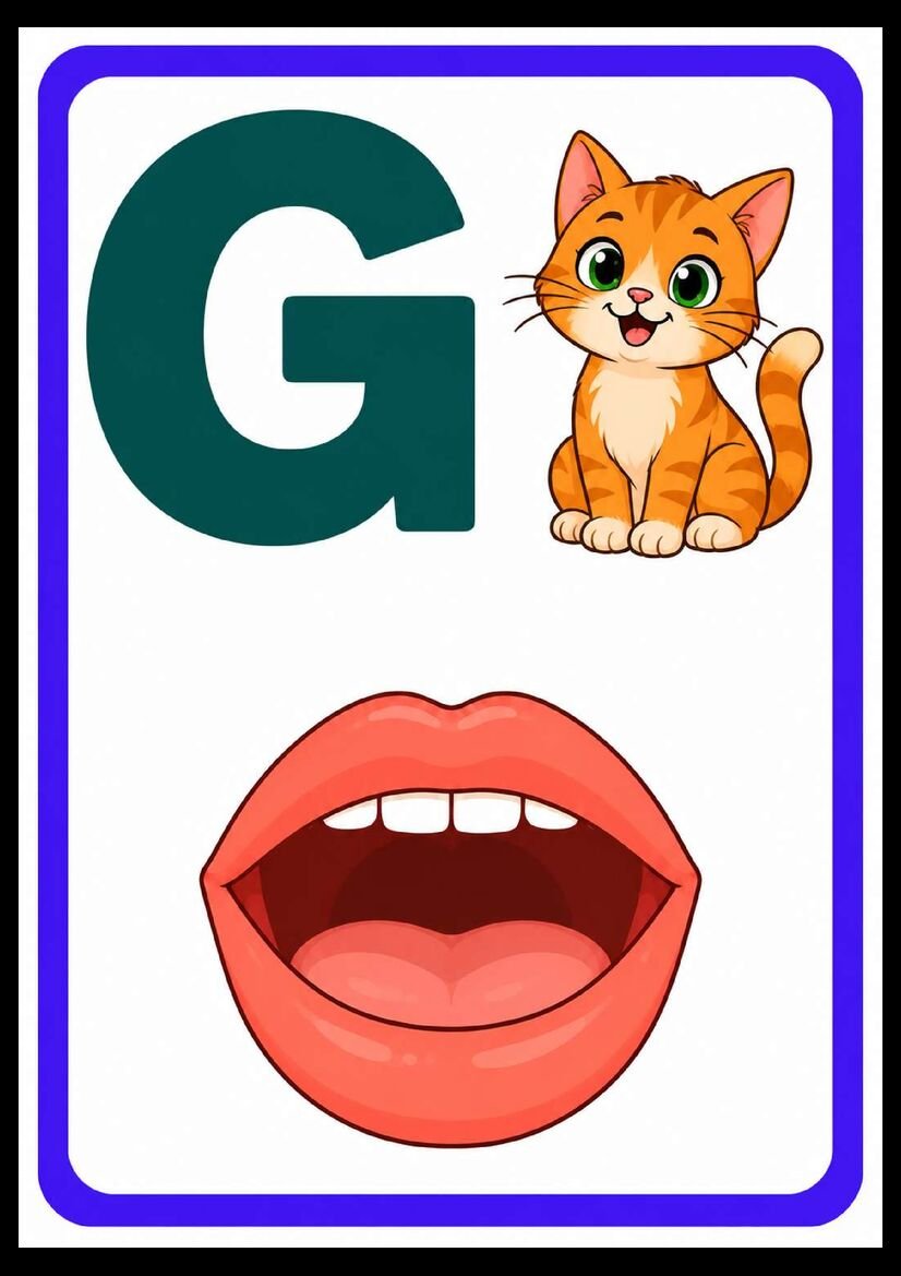 Alfabeto das boquinhas letra G com gato laranja e boca aberta